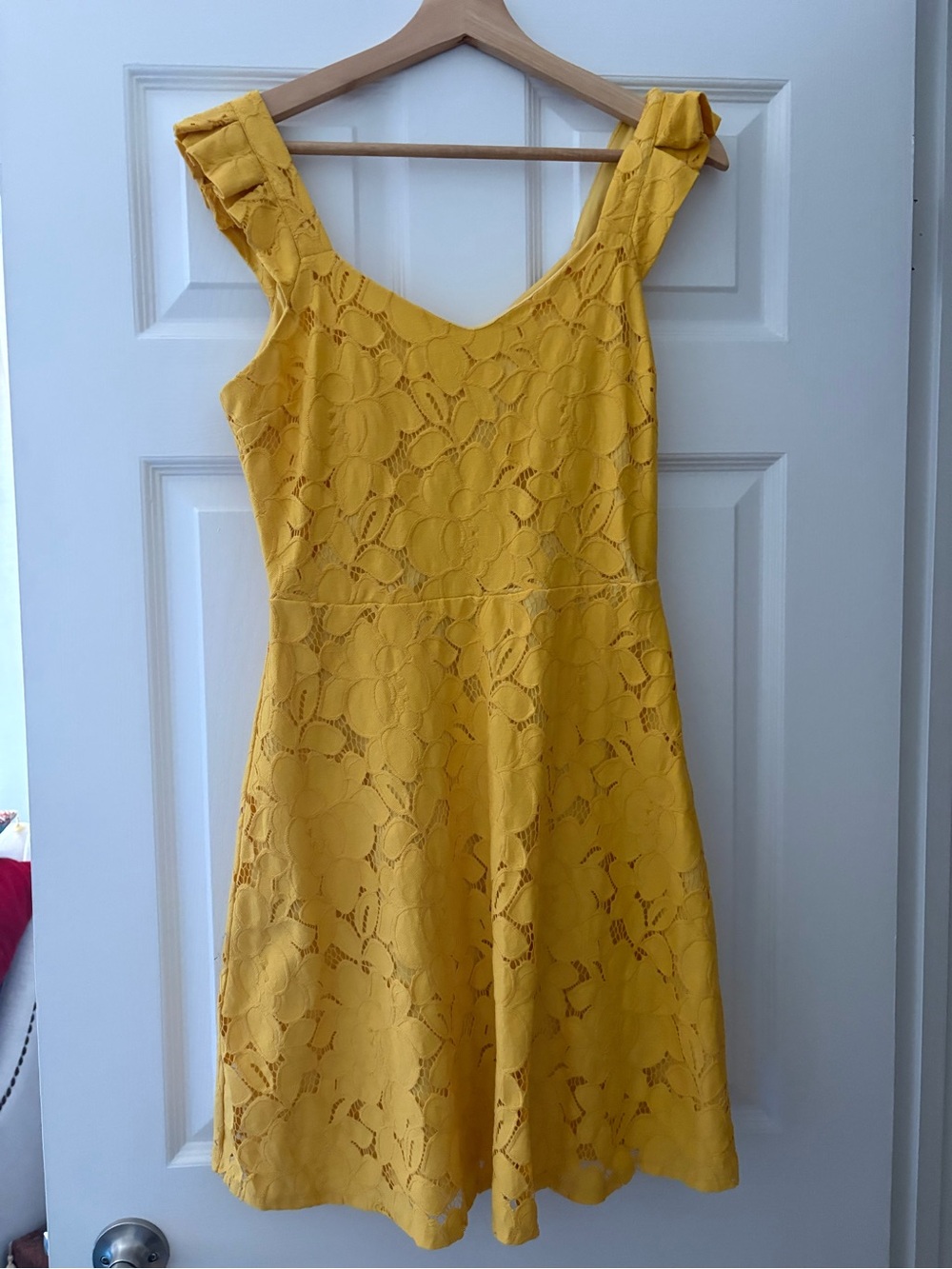 Monteau Yellow Lace Midi Dress with Ruffled Straps